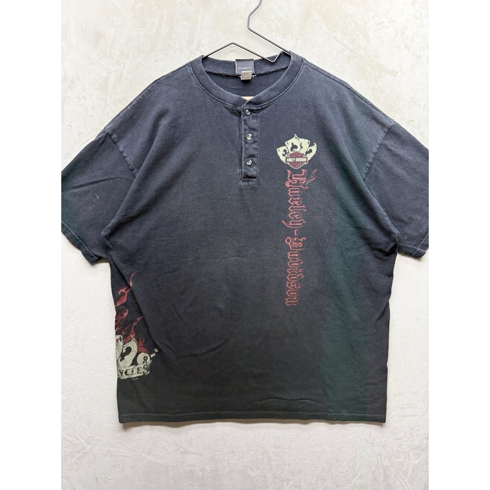 Harley Davidson Shirt Mens 2XL Henley Black Short Sleeve Flame Poker Graphic Tee